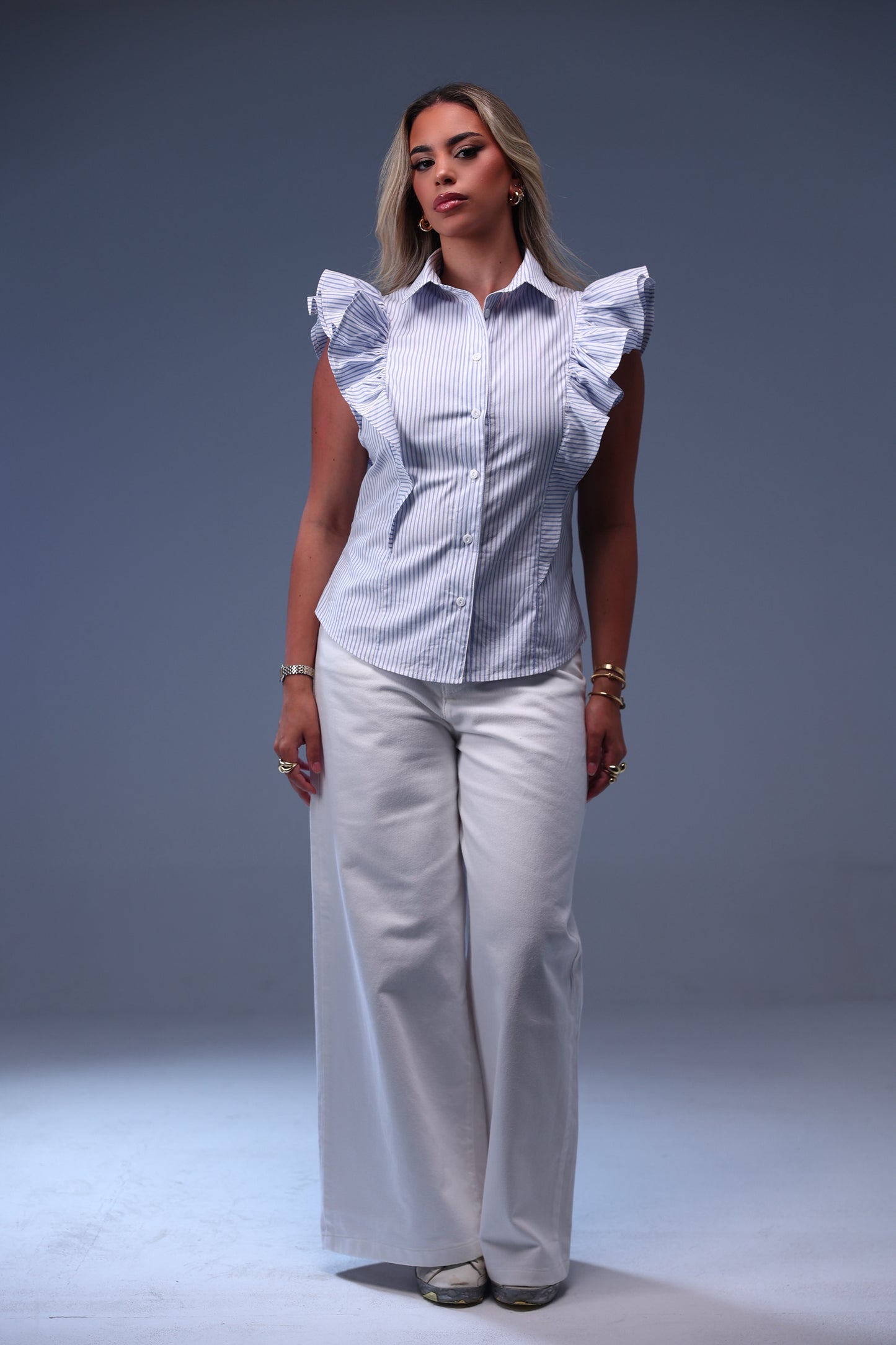 Pinstripe Ruffle Sleeve top