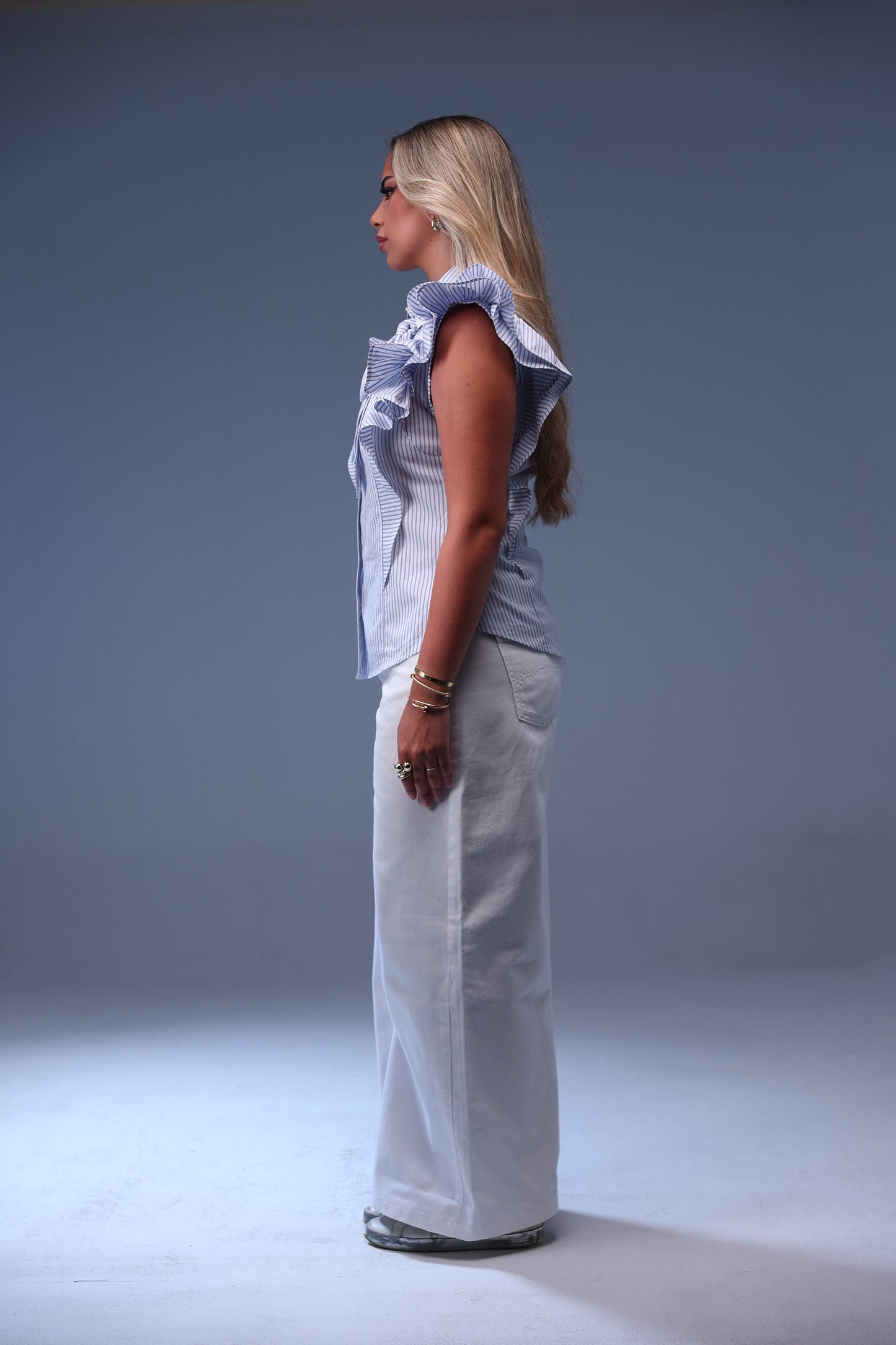 Pinstripe Ruffle Sleeve top