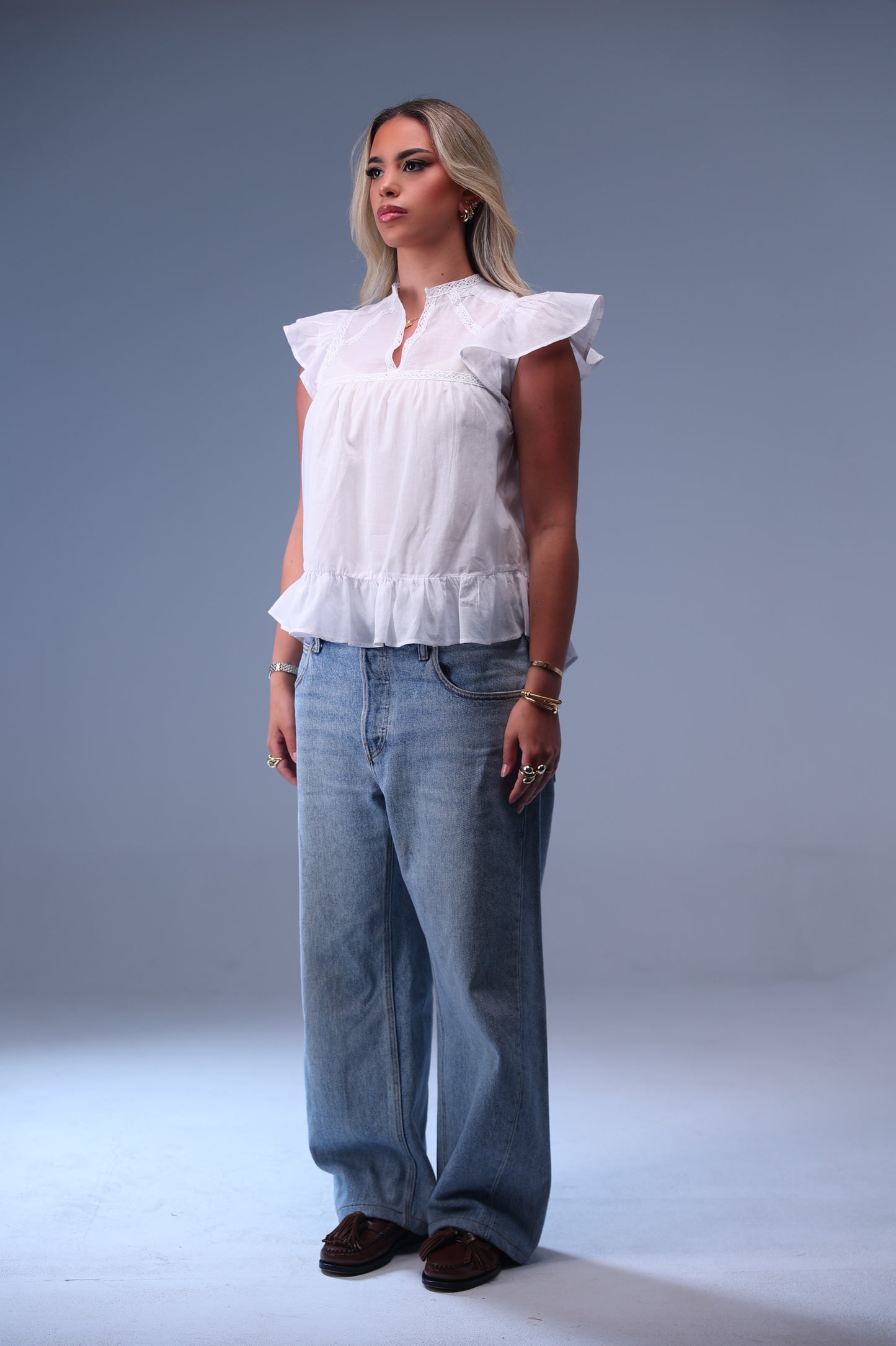 White Lace Frill Sleeve Top