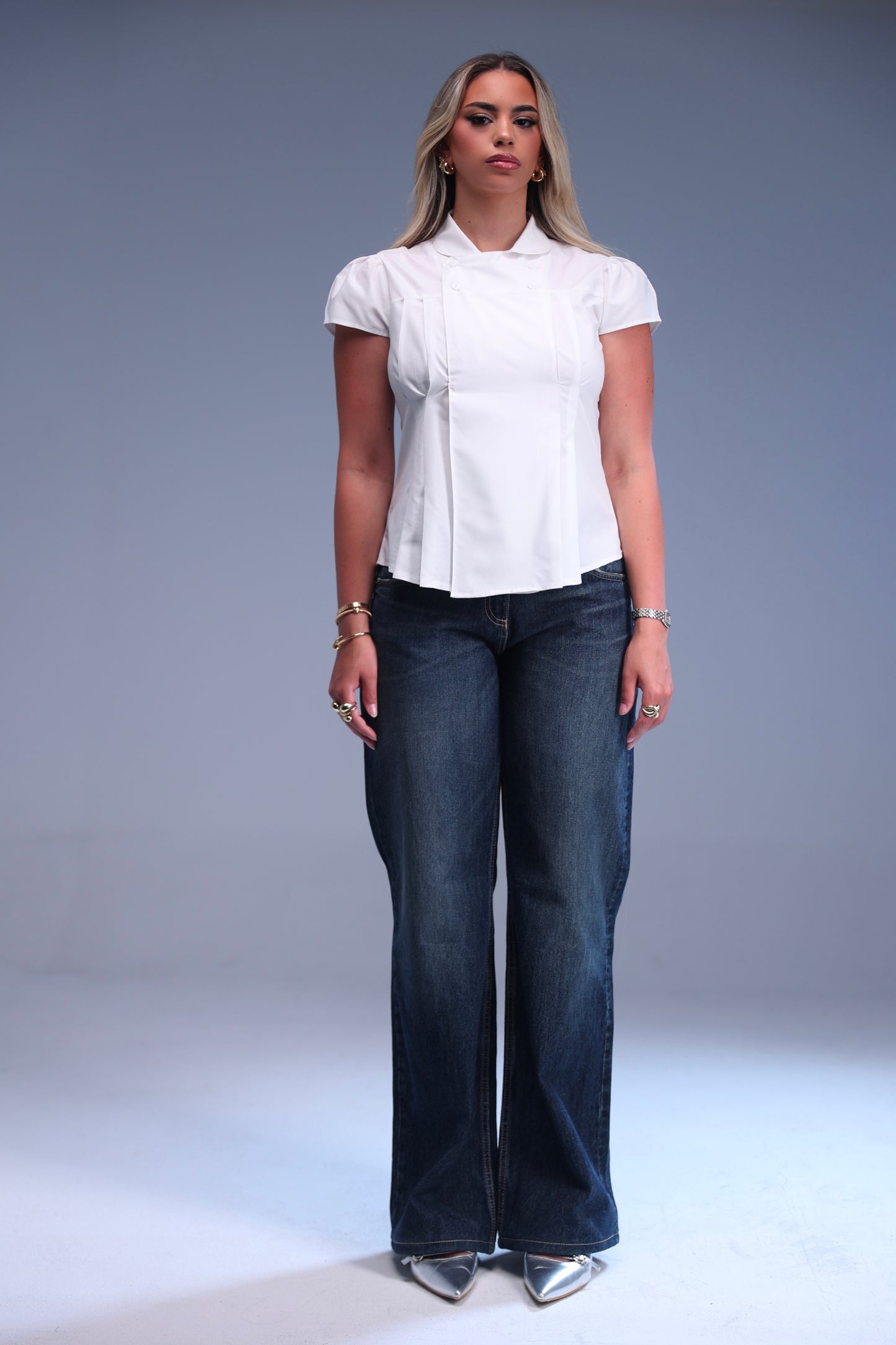 White Structured Pleated Blouse