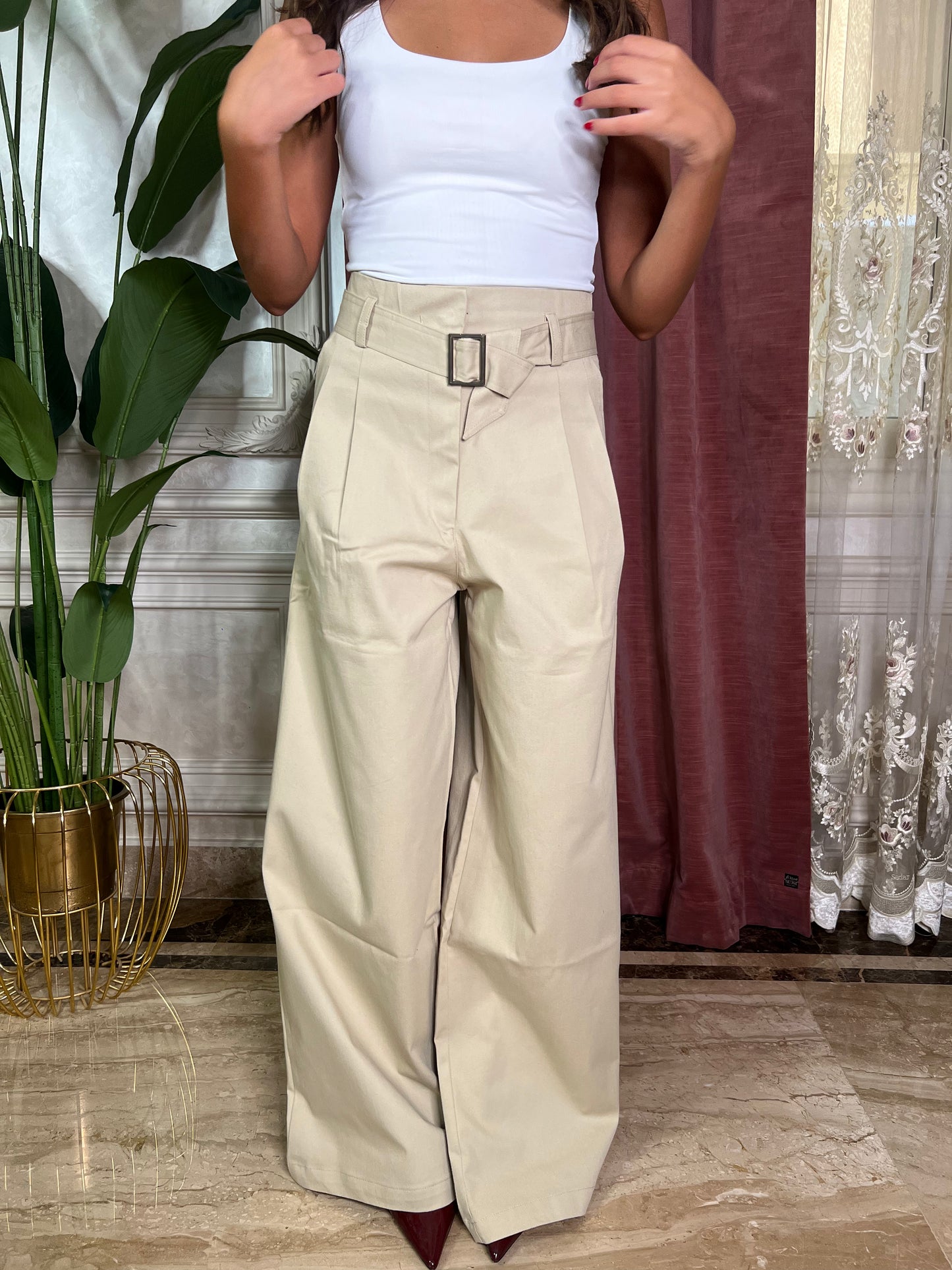 Beige Double Pleated Trousers
