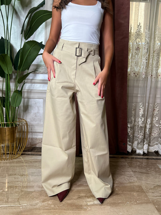 Beige Double Pleated Trousers