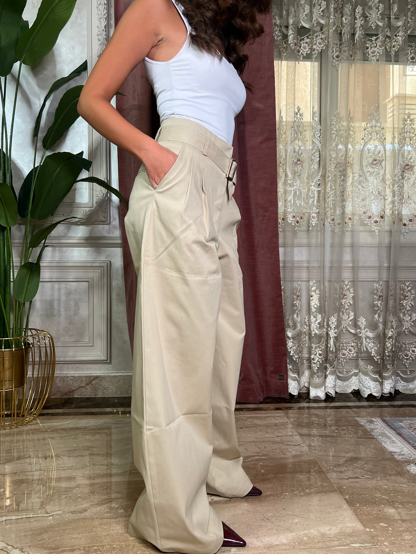 Beige Double Pleated Trousers