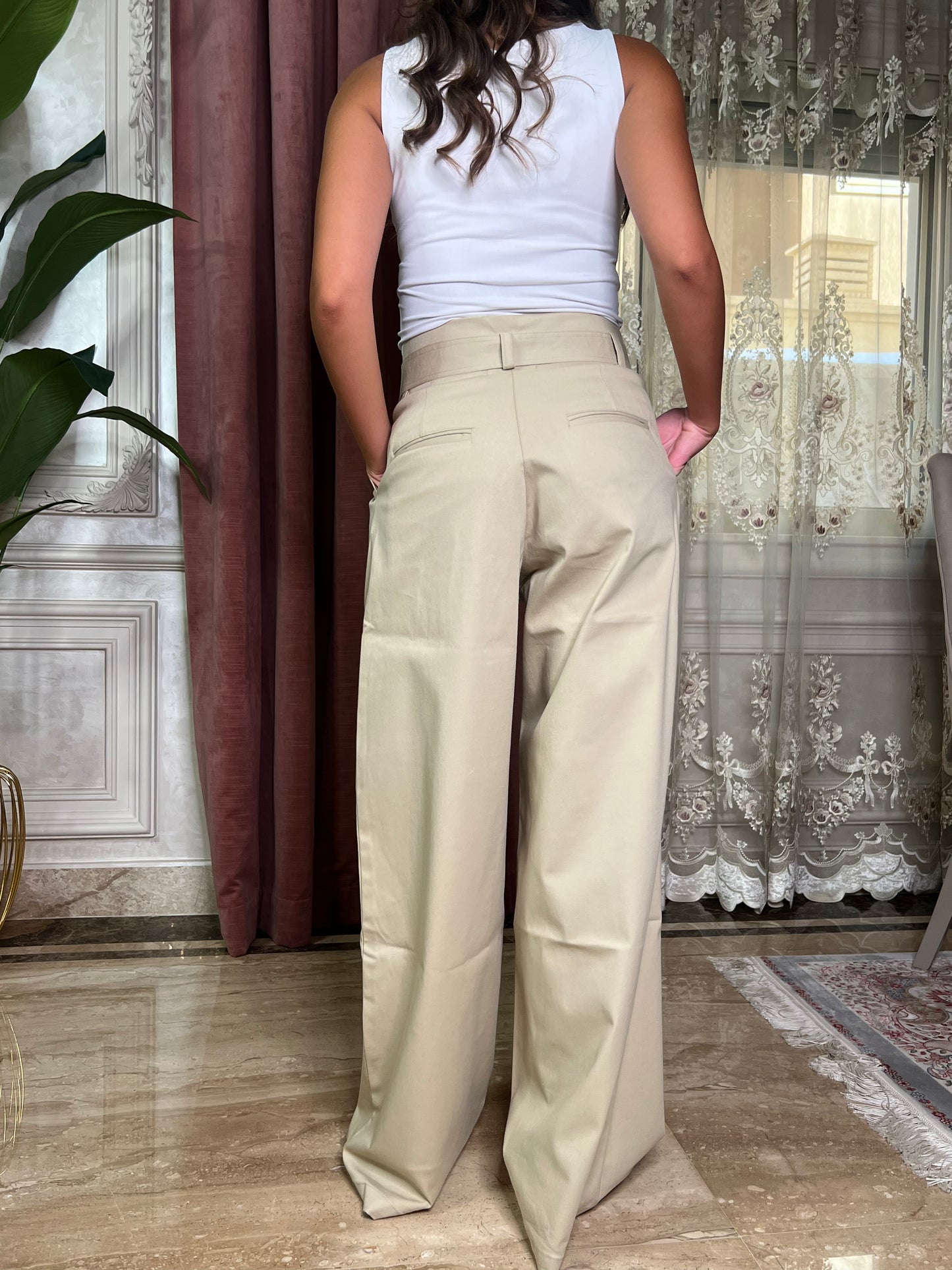 Beige Double Pleated Trousers