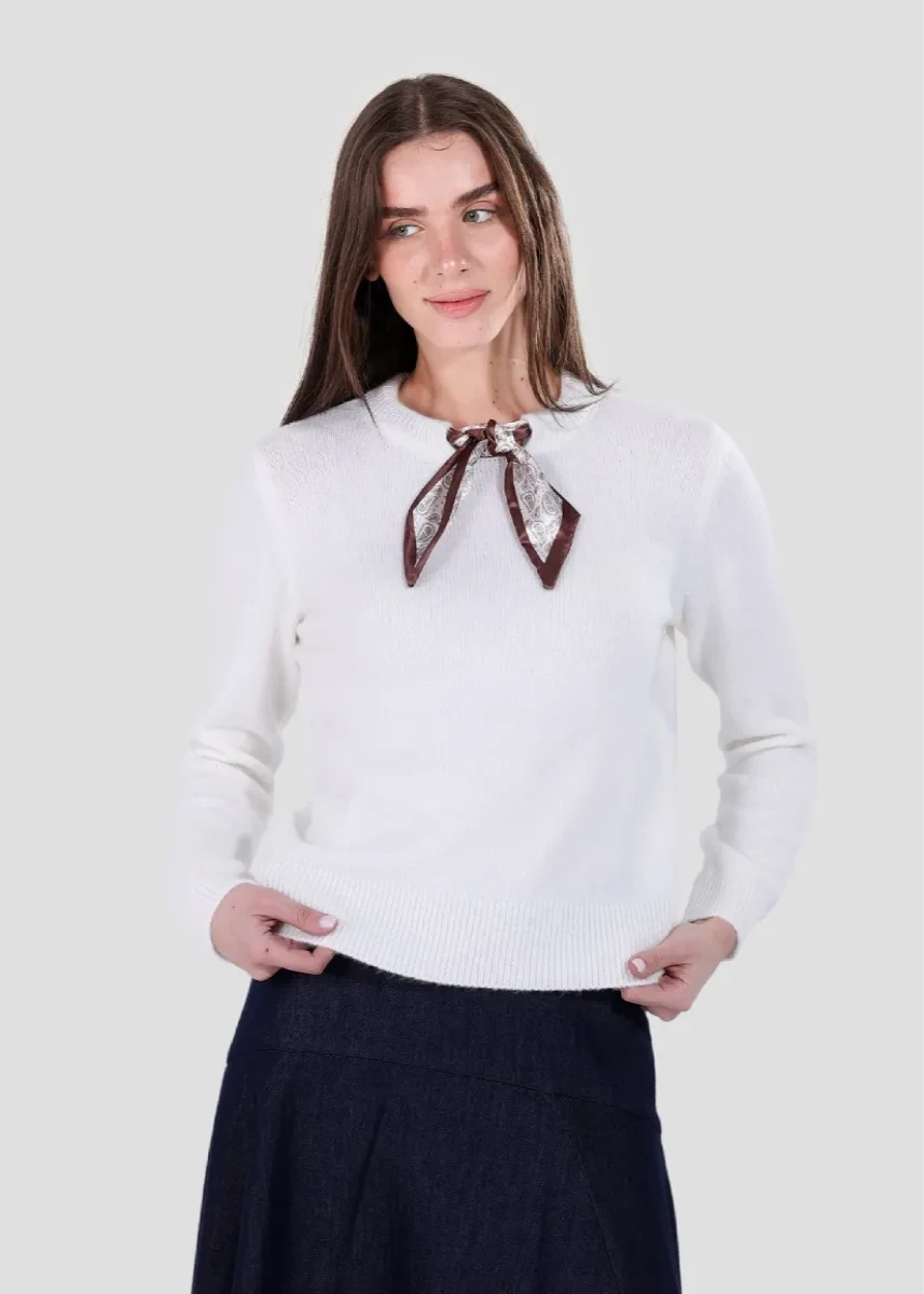 Woman wearing a white blouse with a brown ribbon and dark skirt on a light background