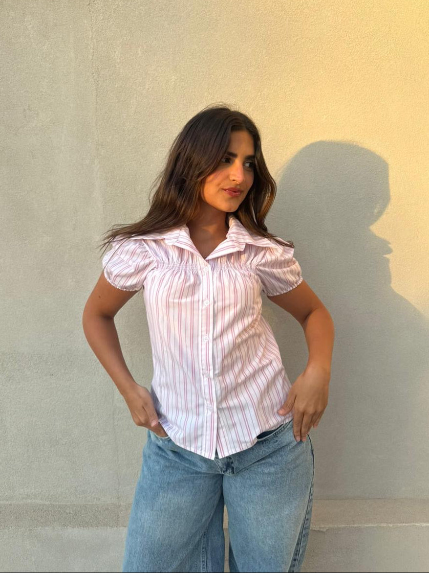 Pink Striped Puff Sleeve Shirt