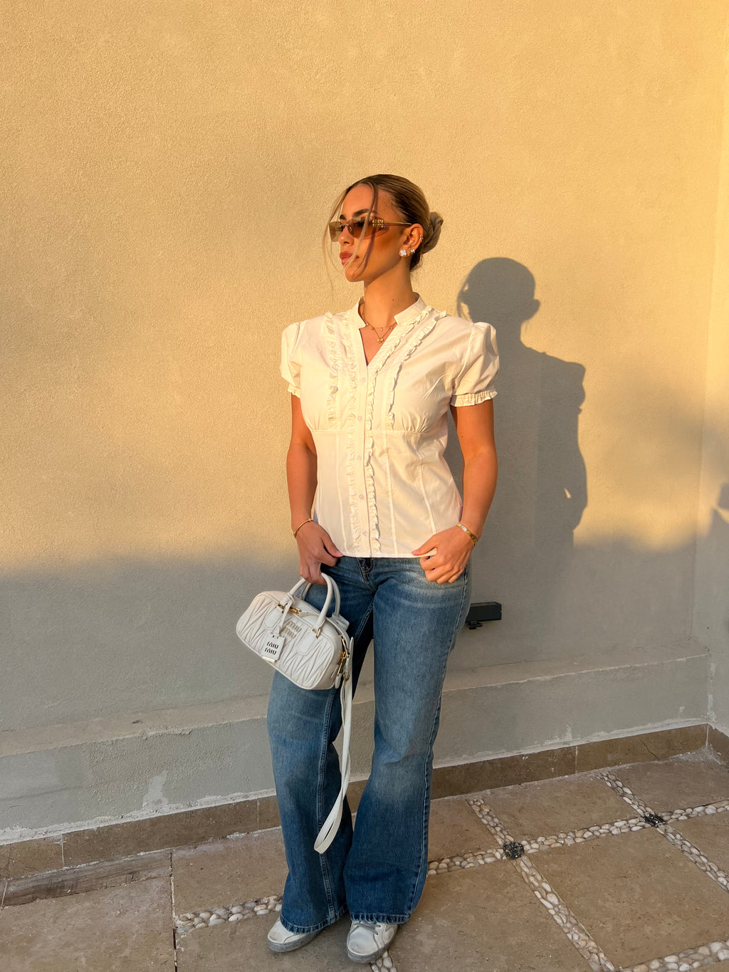 White Puff sleeve Frill Top