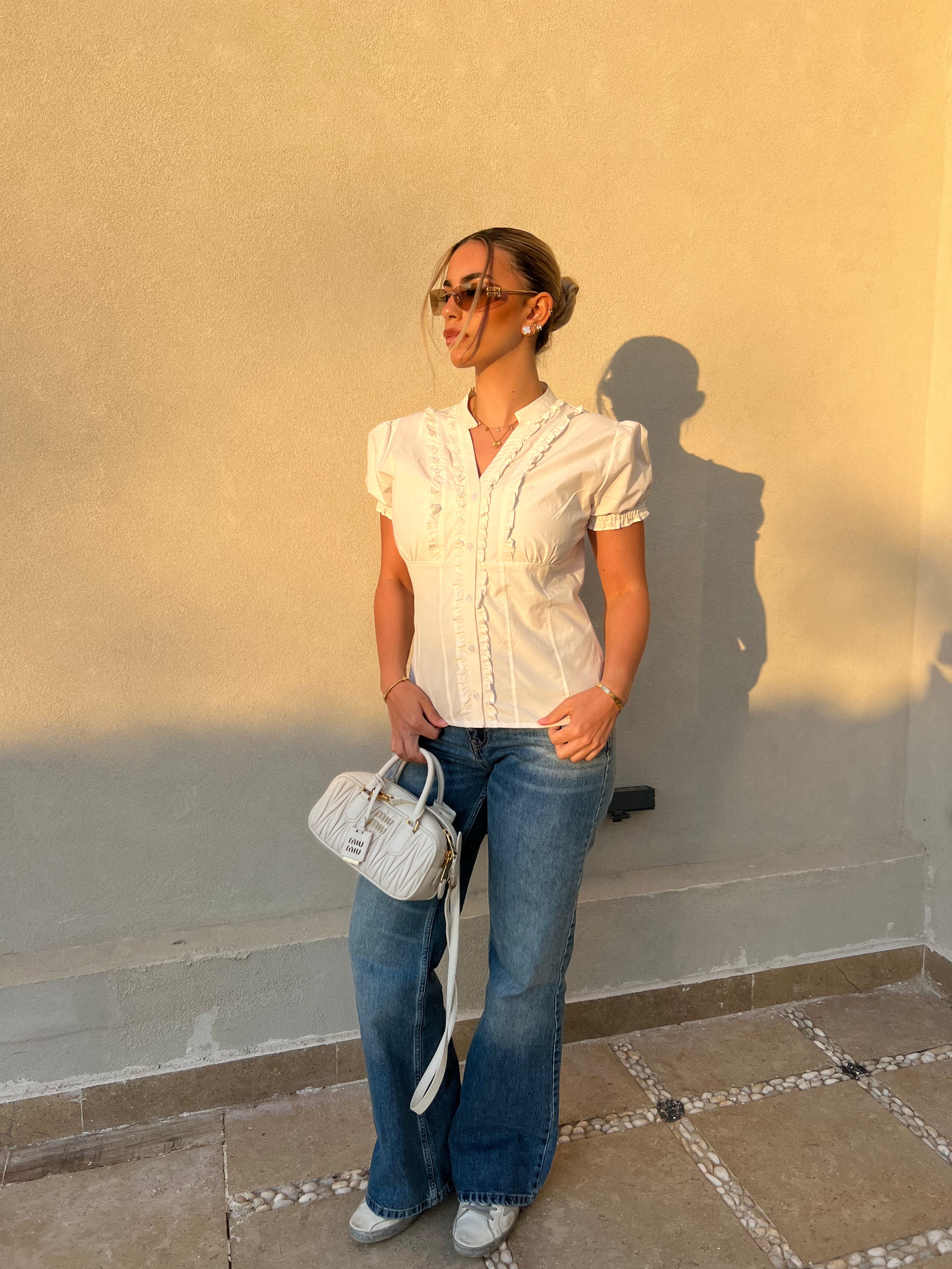 White Puff sleeve Frill Top