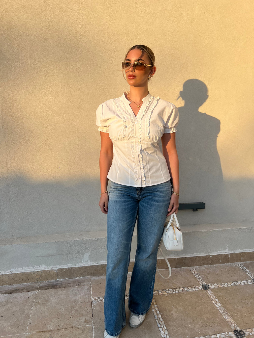 White Puff sleeve Frill Top
