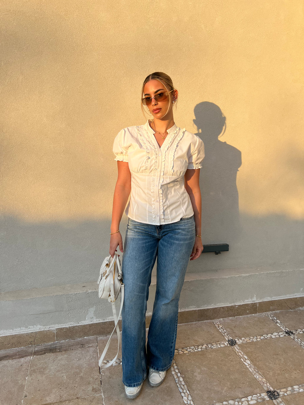 White Puff sleeve Frill Top
