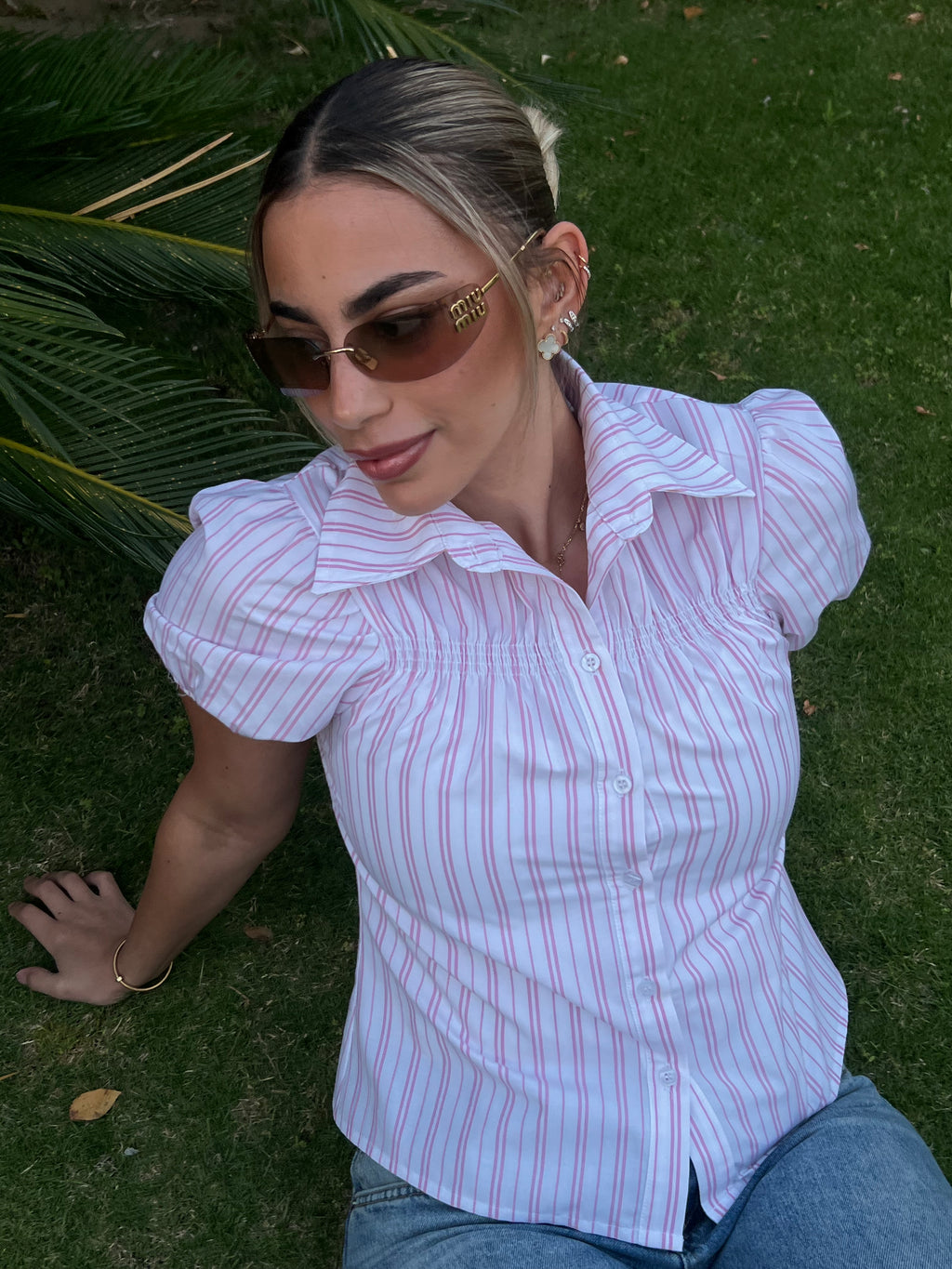 Pink Striped Puff Sleeve Shirt