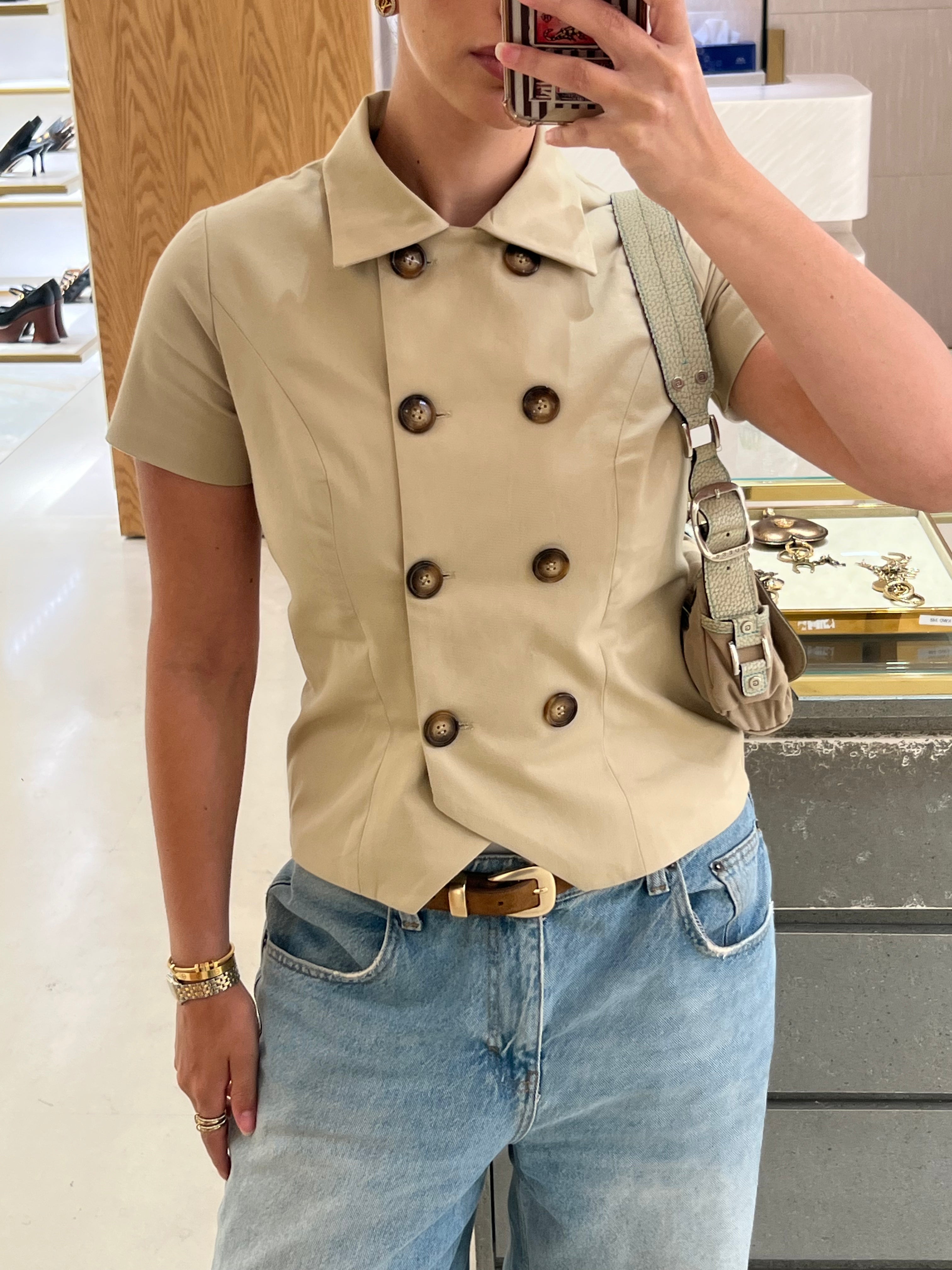 Beige Short Sleeve Trench Top