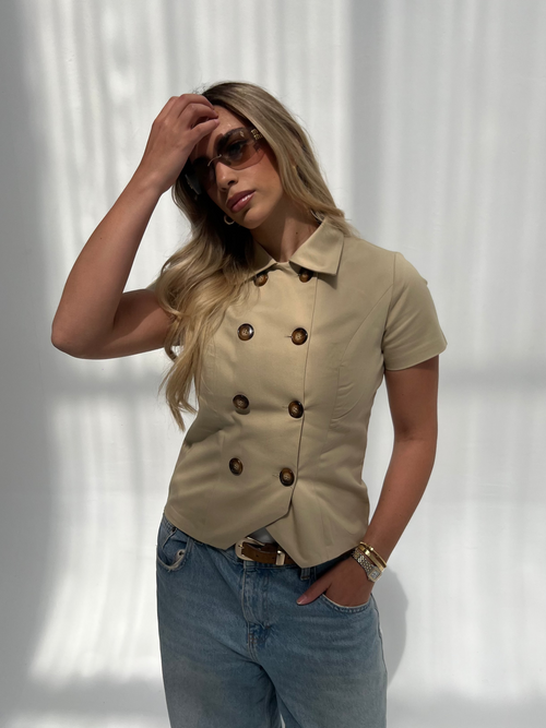 Beige Short Sleeve Trench Top