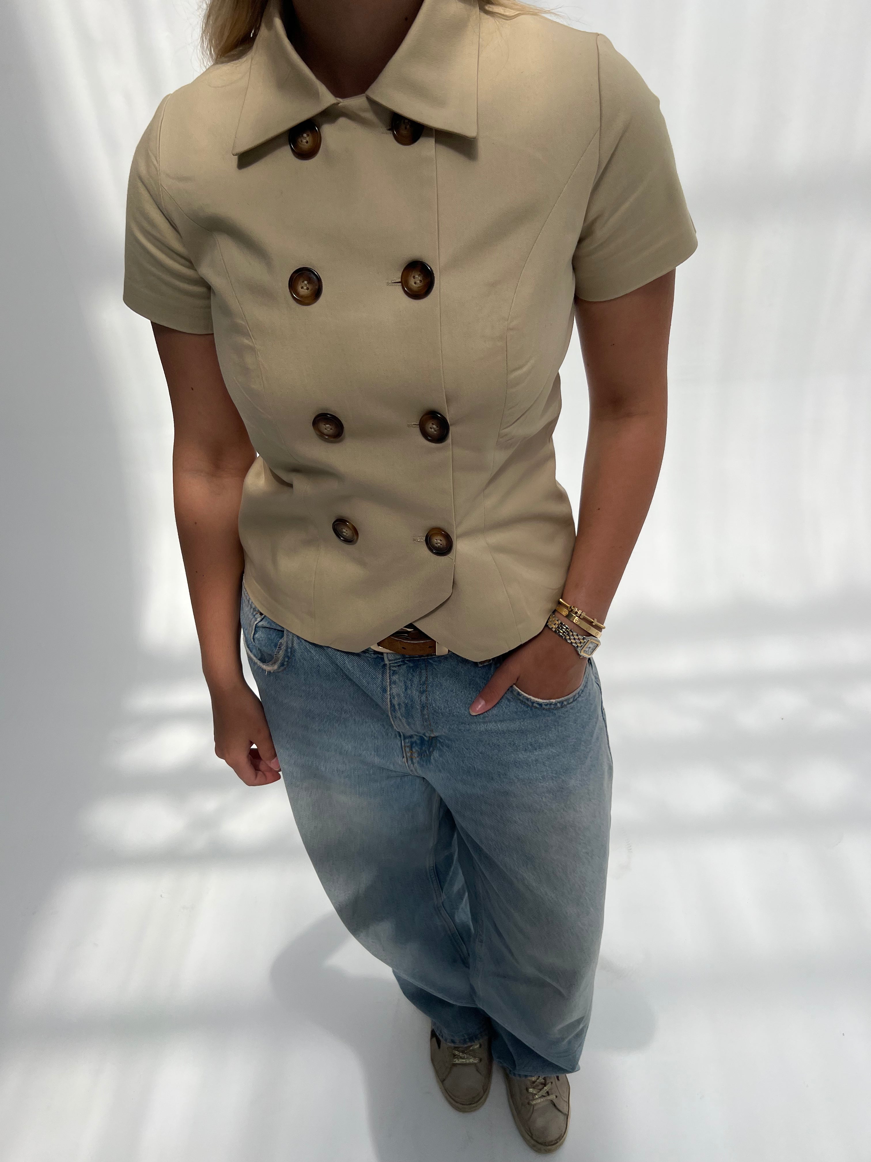 Beige Short Sleeve Trench Top