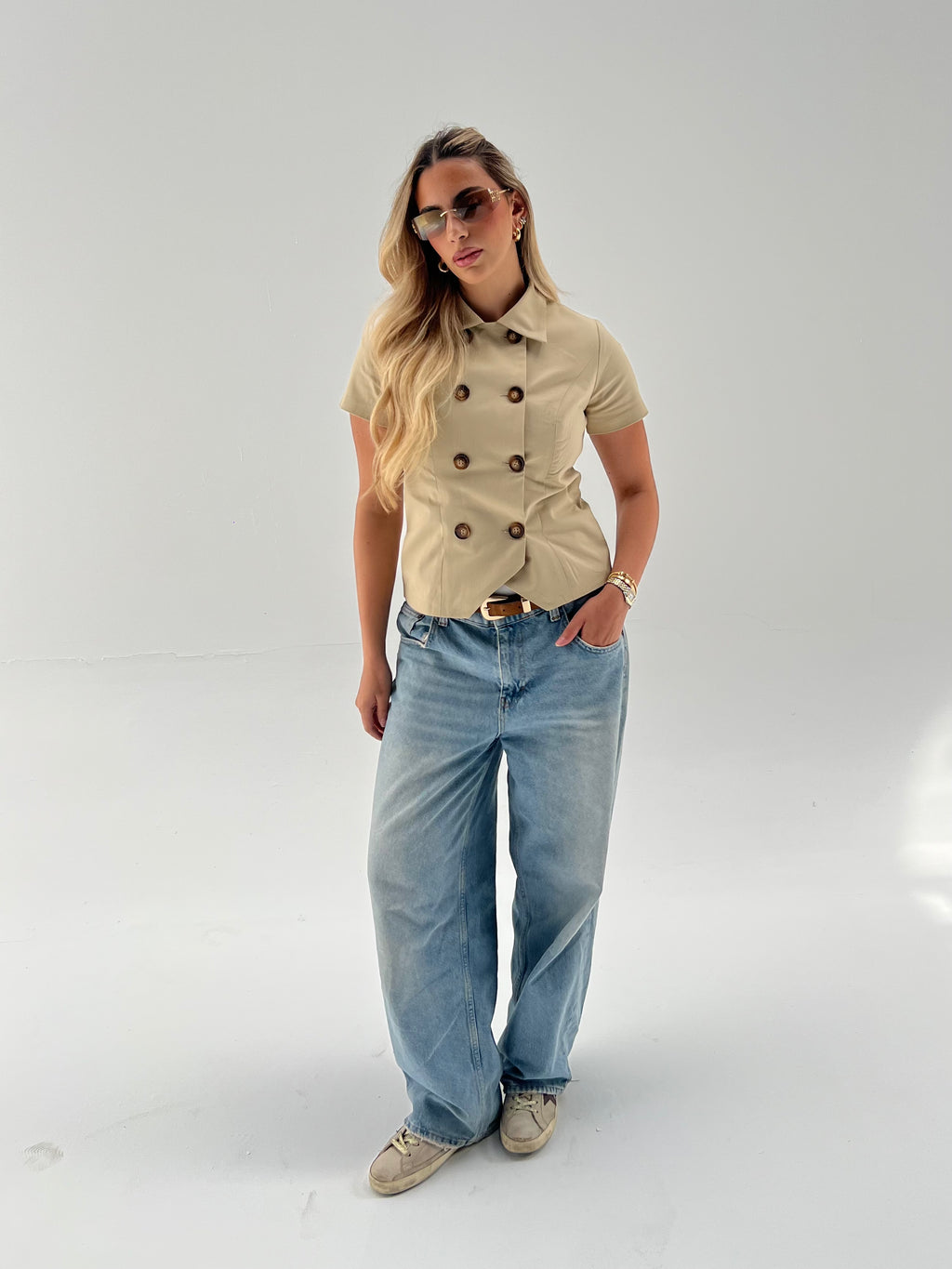 Beige Short Sleeve Trench Top