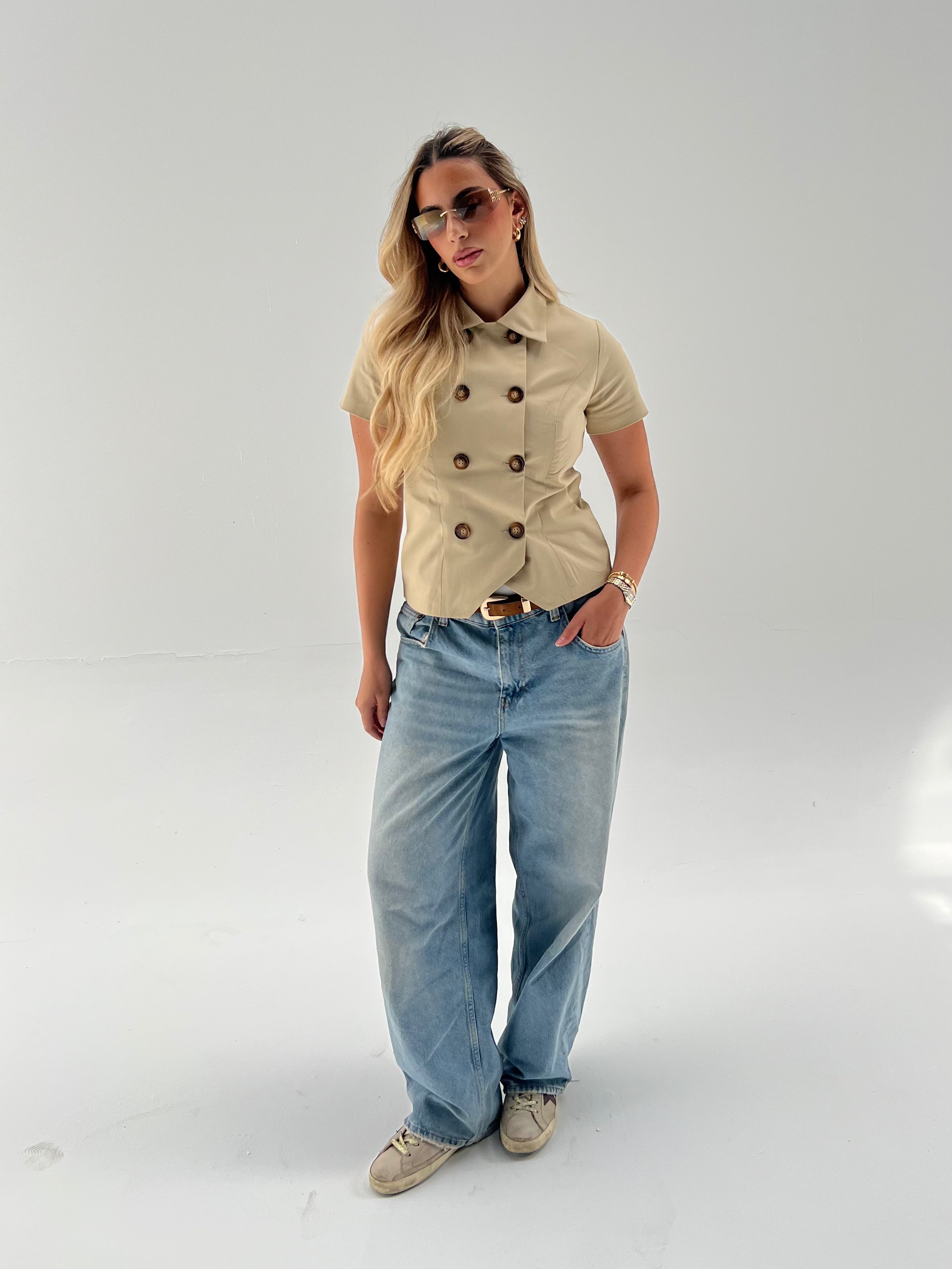 Beige Short Sleeve Trench Top