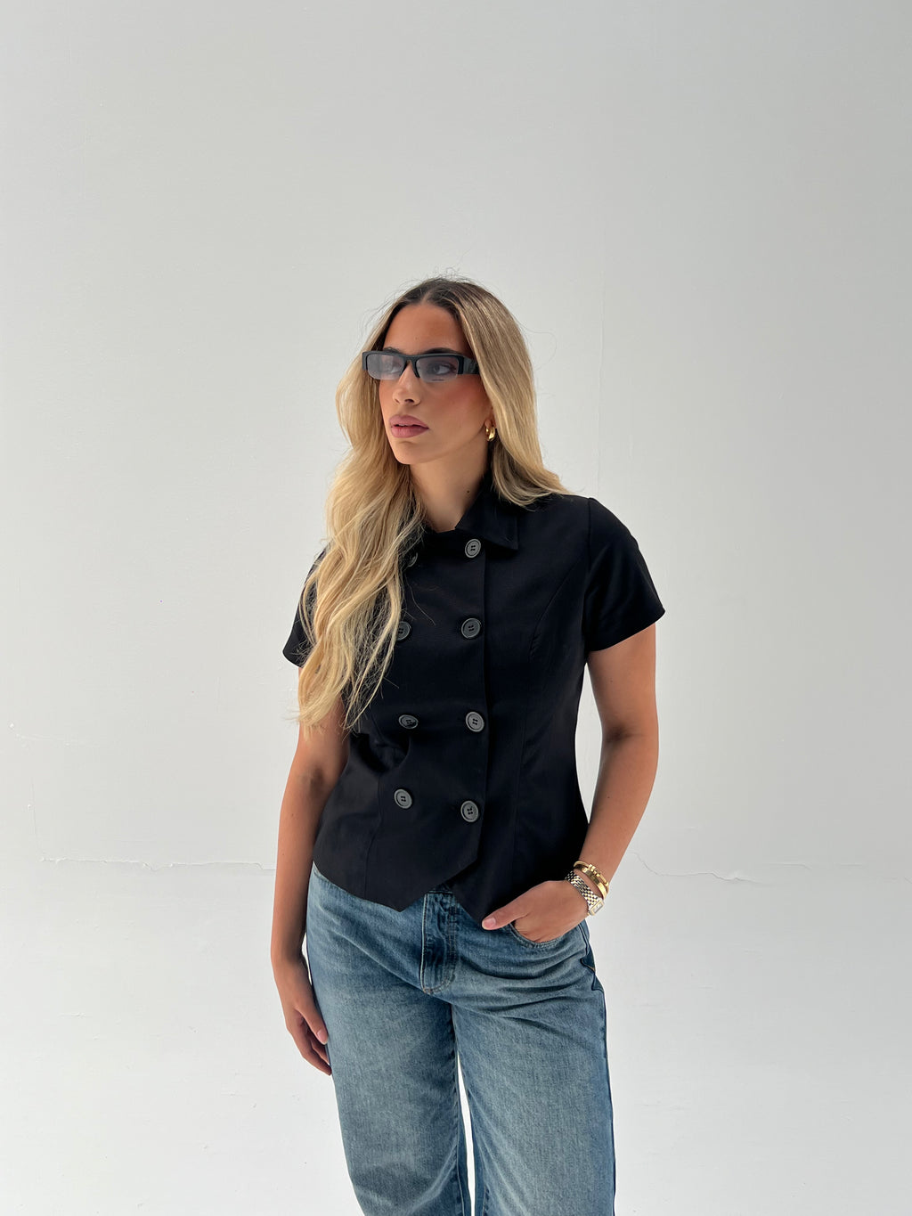 Black Short Sleeve Trench Top