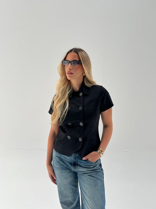 Black Short Sleeve Trench Top