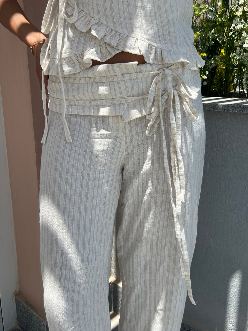 Beige Tie-Up Pants