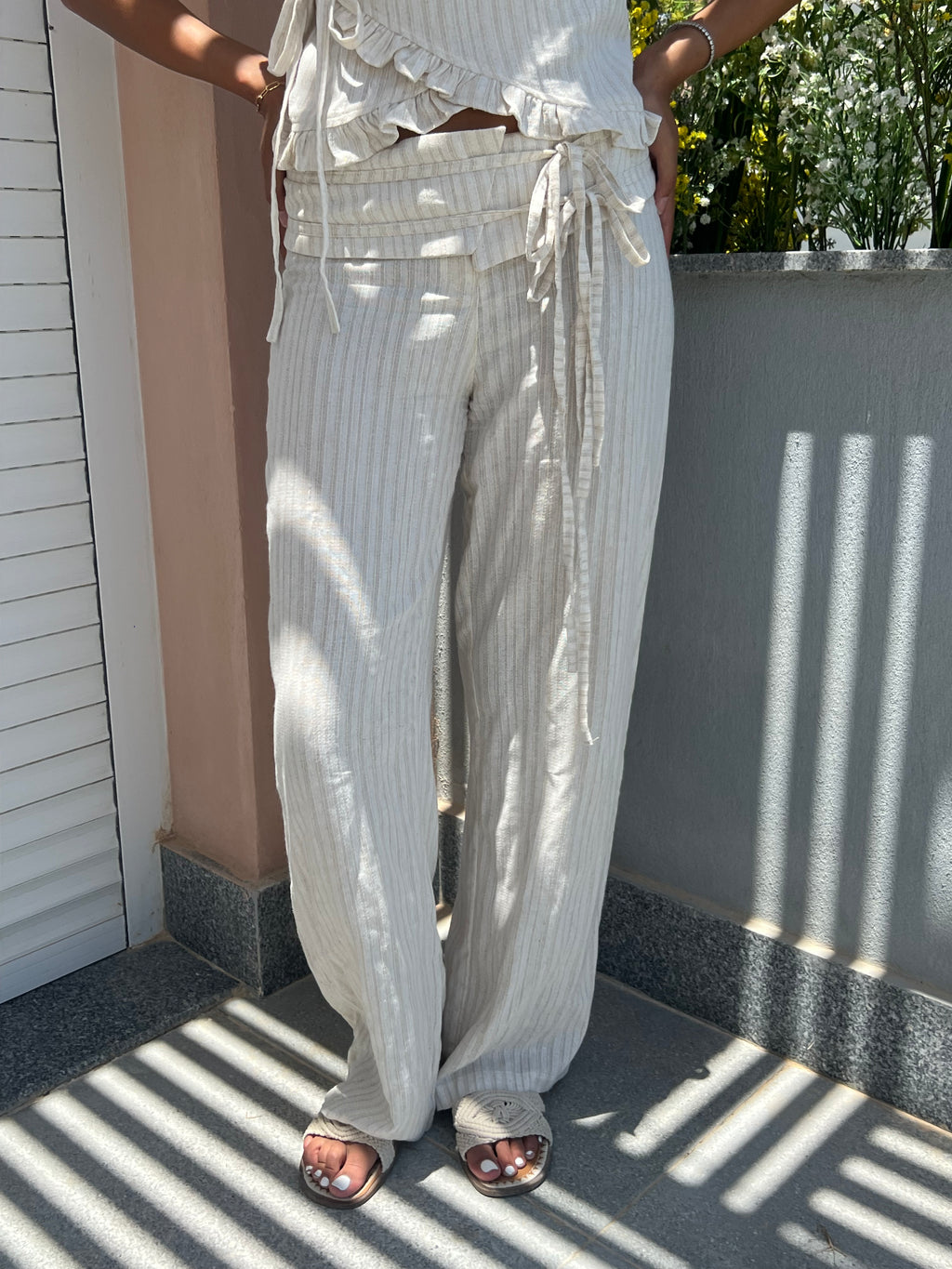 Beige Tie-Up Pants
