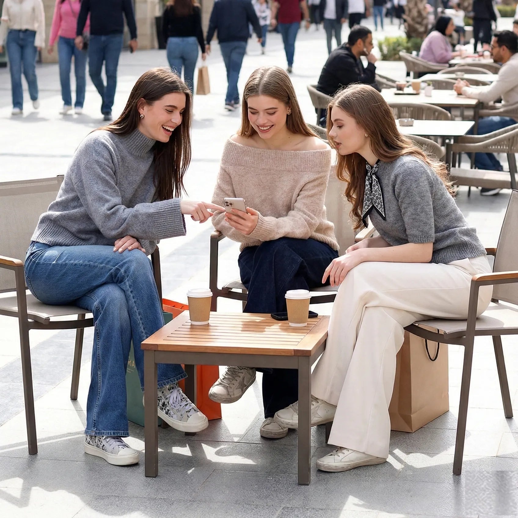 Three women sitting at a table in an outdoor shopping mall, smiling and interacting.