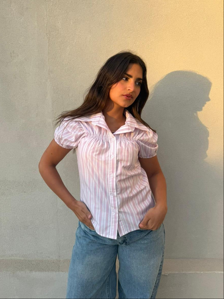 Pink Striped Puff Sleeve Shirt